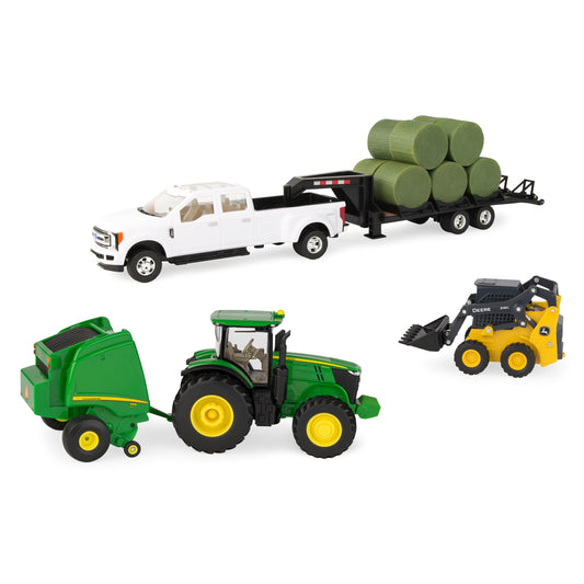 TOMY John Deere Round Bale Haying Set - 1:32 Scale - Includes John Deere 7R Tractor, 569 Round Baler, and 381G Skid Steer Toy - Construction and Farm…