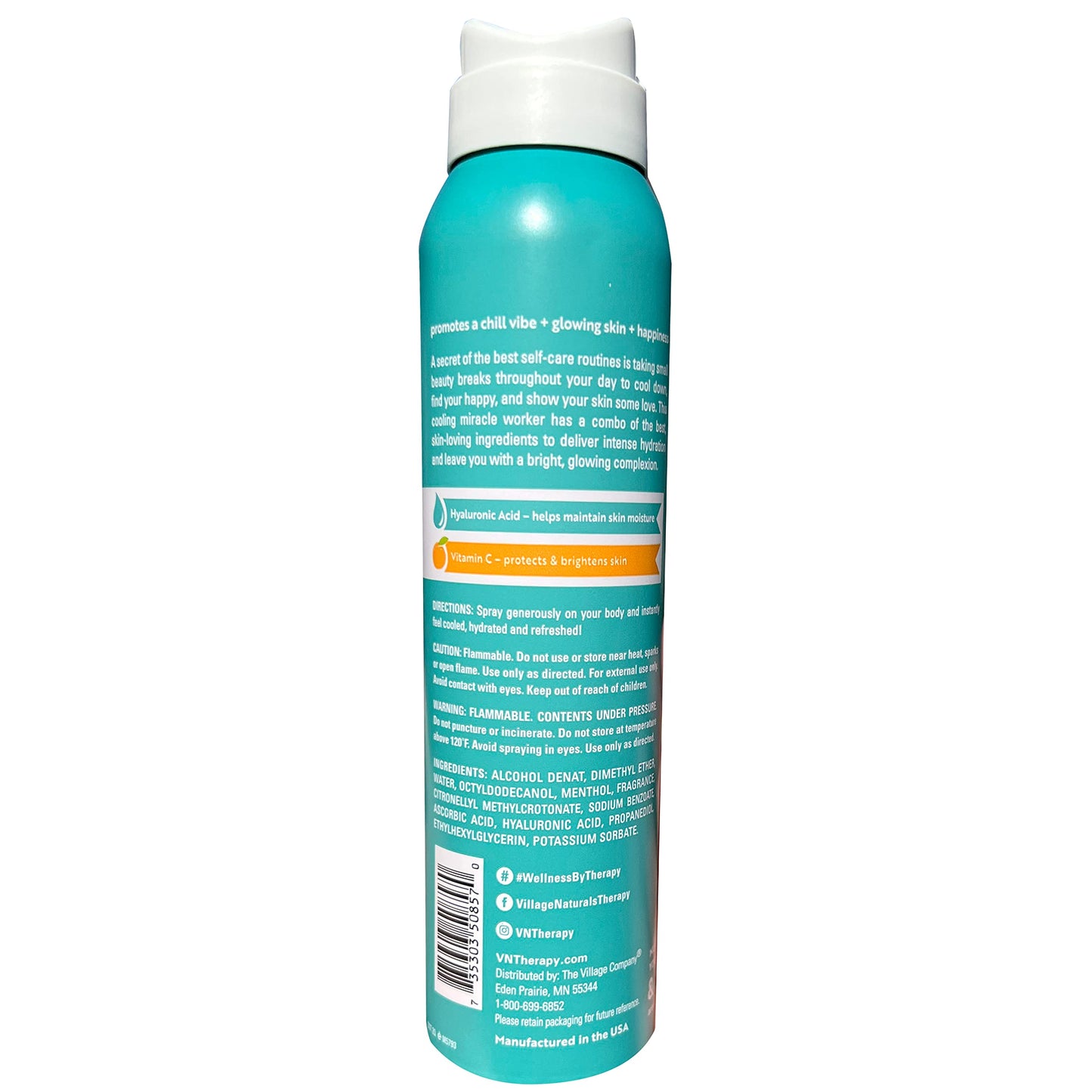 Village Naturals Therapy Wellness Hydrate & Cool Body Spray - Protect and Moisturize Skin with Vitamin C, Menthol and Hyaluronic Acid - Full Body