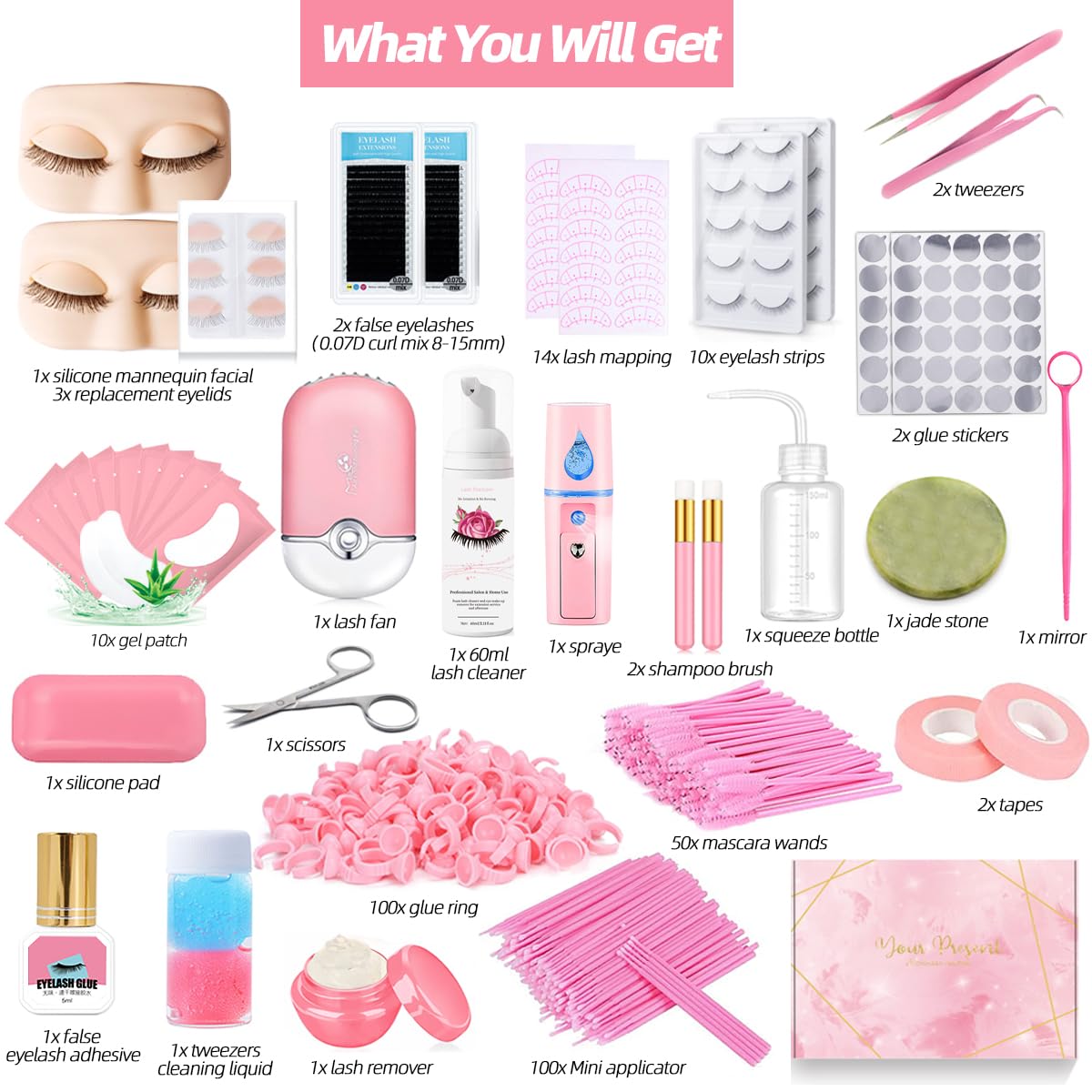 DNSGOOR Lash Extension Kit Professional Eyelash Extensions Supplies Training for Beginners Mannequin Head Grafting Lash USB Fan Lash Shampoo Brush…