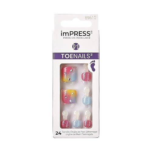 KISS Impress No Glue Pedi Press-On Toenails, Rainbow Color with Rhinestone, Pink, Light Blue, Glitter, Squoval Shape, Includes 24 Nails, Prep Pad, 1 Beauty & Personal Care KISS