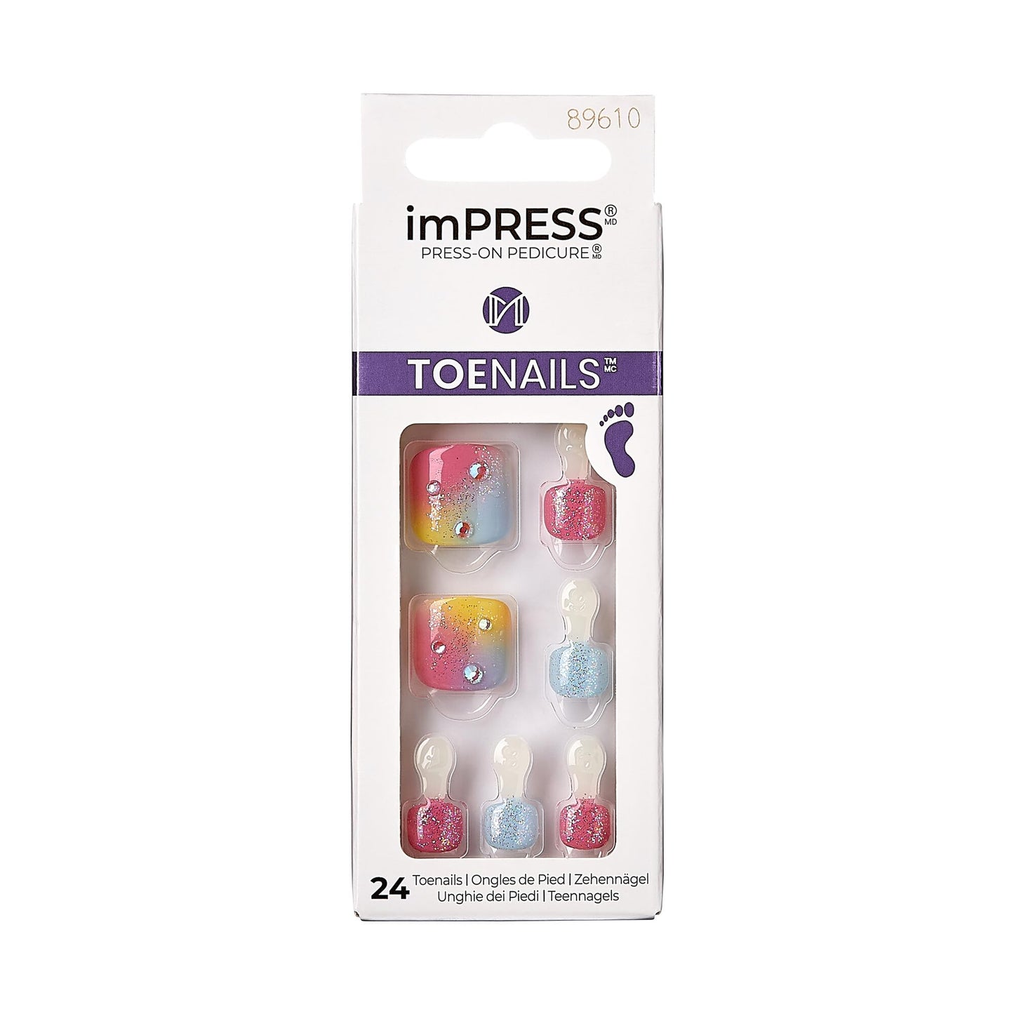 KISS Impress No Glue Pedi Press-On Toenails, Rainbow Color with Rhinestone, Pink, Light Blue, Glitter, Squoval Shape, Includes 24 Nails, Prep Pad, 1 Beauty & Personal Care KISS
