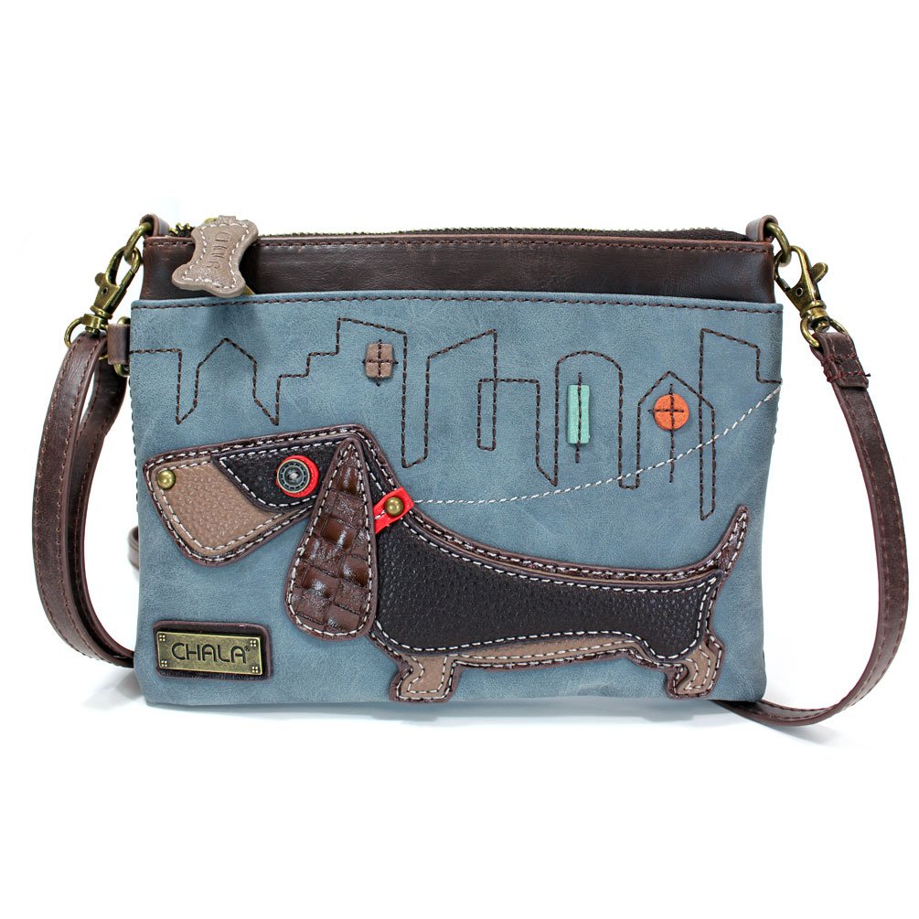 Chala Mini Crossbody Handbag, Pu Leather, Small Shoulder Purse Adjustable Strap (Wiener Dog-Indigo)
