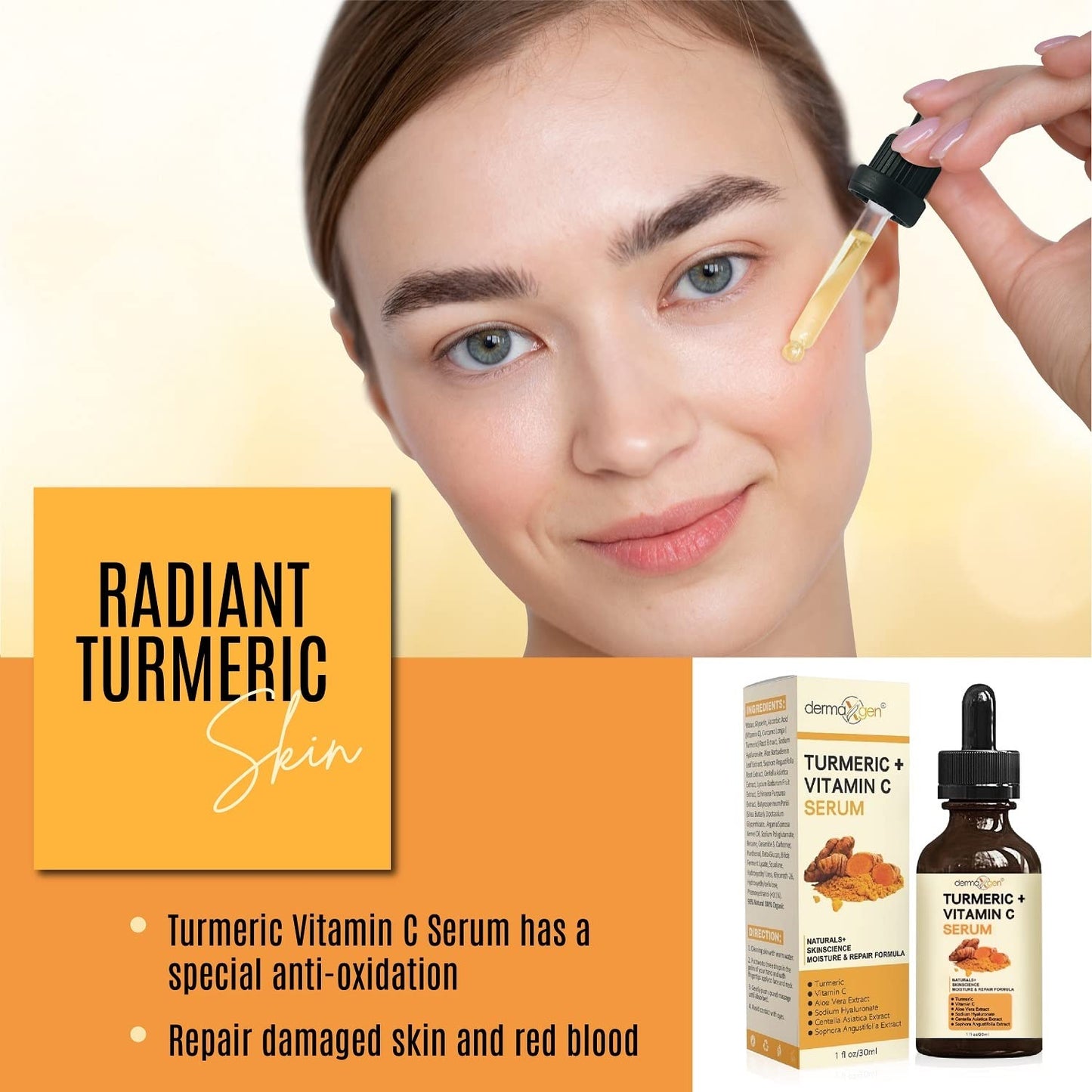 Turmeric and Vitamin C Anti-Aging facial serum, PURE ORGANIC Reduce Wrinkles, Improve Blemishes and Acne, Skin firming and Intensive Moisturizing