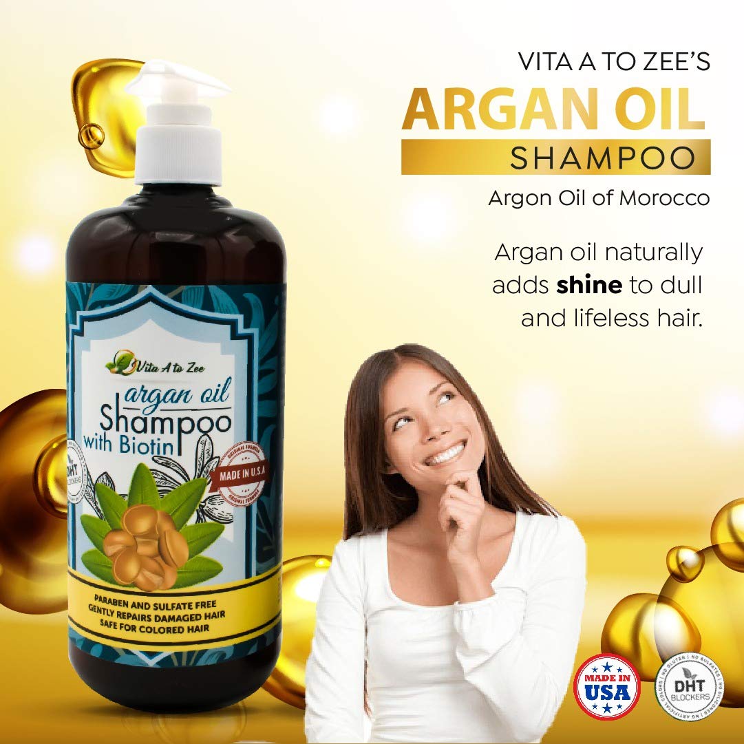 Vita A to Zee Moroccan Argan Oil & Biotin Shampoo (16.9 Fl Oz) | Professional Strength Formula | Natural Hair Repair, Moisturization Treatment