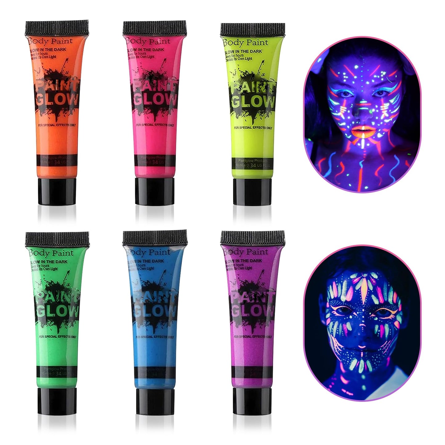 6 Colors Glow in the Dark Face and Body Paint Set - Halloween Cream for Skin, Professional Painting Kit for Party, Cosplay, Blacklight Glow SFX