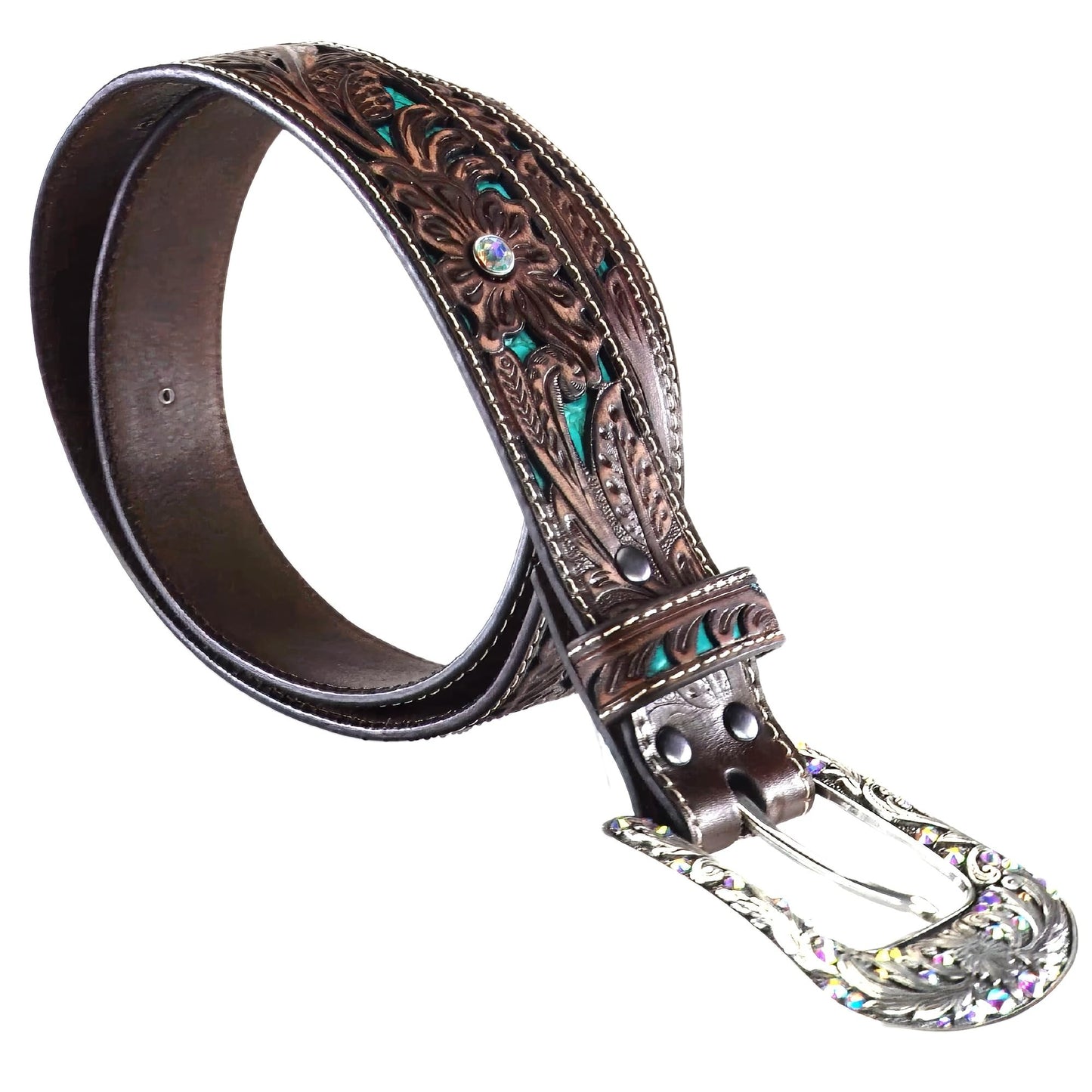 ARIAT Women's Turquoise Inlay Floral Bling Belt, Brown, Small