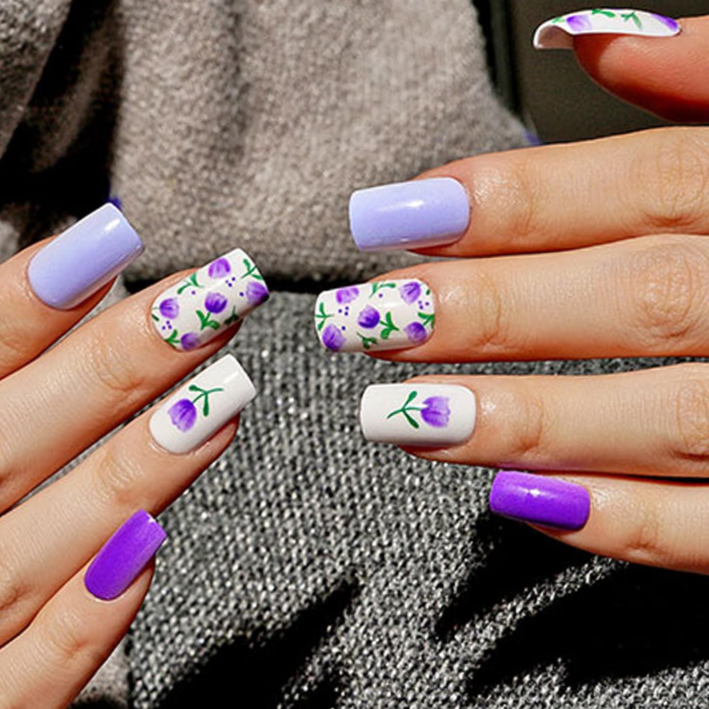 GLAMERMAID Dark Purple Press on Nails Medium Square, Floral Blossom Deep Purple Gel False Nals, Tulip Glue on Nails Kit for Women, Natural Lavender
