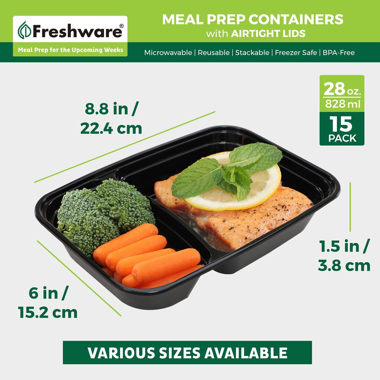 Freshware Meal Prep Containers [15 Pack] 2 Compartment with Lids, Food Storage Containers, Bento Box, BPA Free, Stackable…