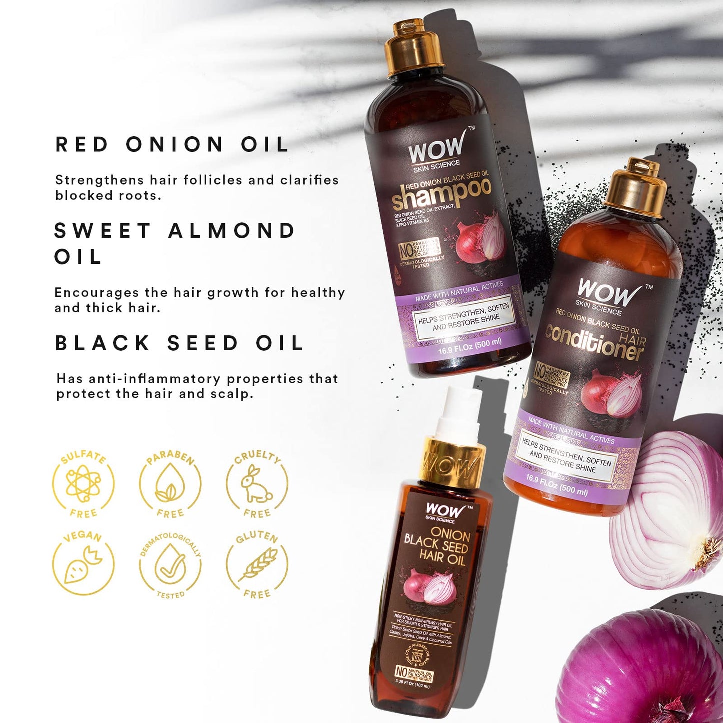 WOW Skin Science Onion Black Seed Oil Shampoo & Conditioner Treatment Set with Oil for Strong, Soft & Shine Hair for All, Dry, Damaged Hair Types