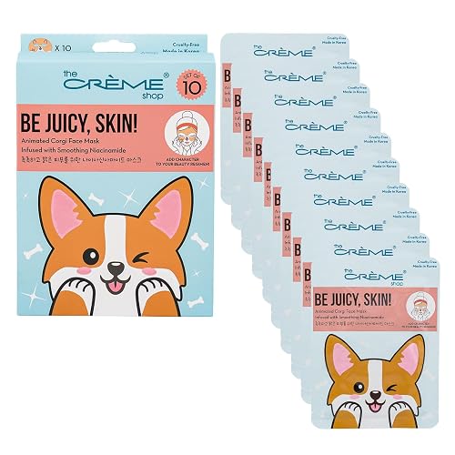 The Crme Shop Be Juicy, Skin! Animated Corgi Face Mask with Niacinamide, K-Beauty Sheet Mask for Brightening and Pore Minimizing, 10 Pack