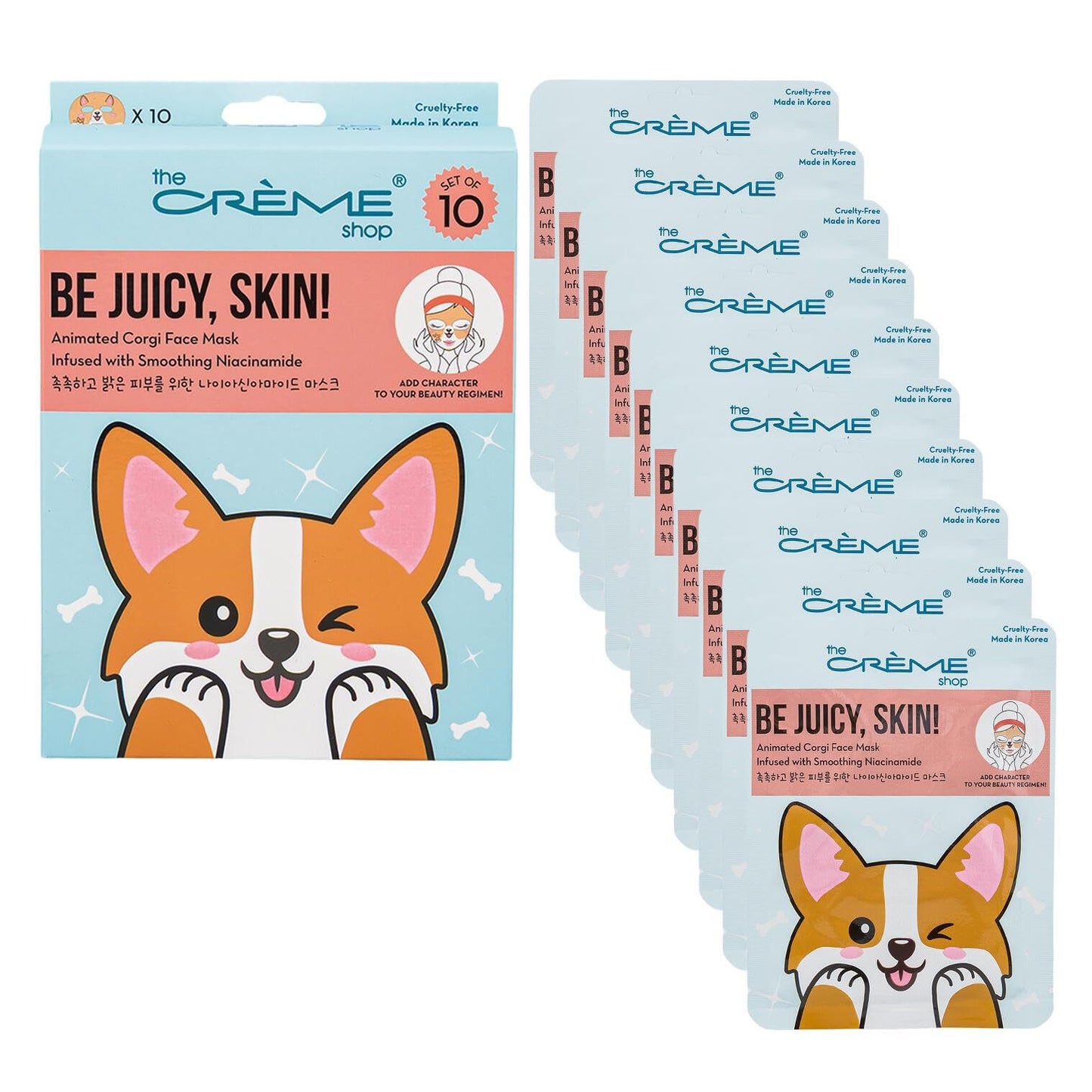 The Crme Shop Be Juicy, Skin! Animated Corgi Face Mask with Niacinamide, K-Beauty Sheet Mask for Brightening and Pore Minimizing, 10 Pack