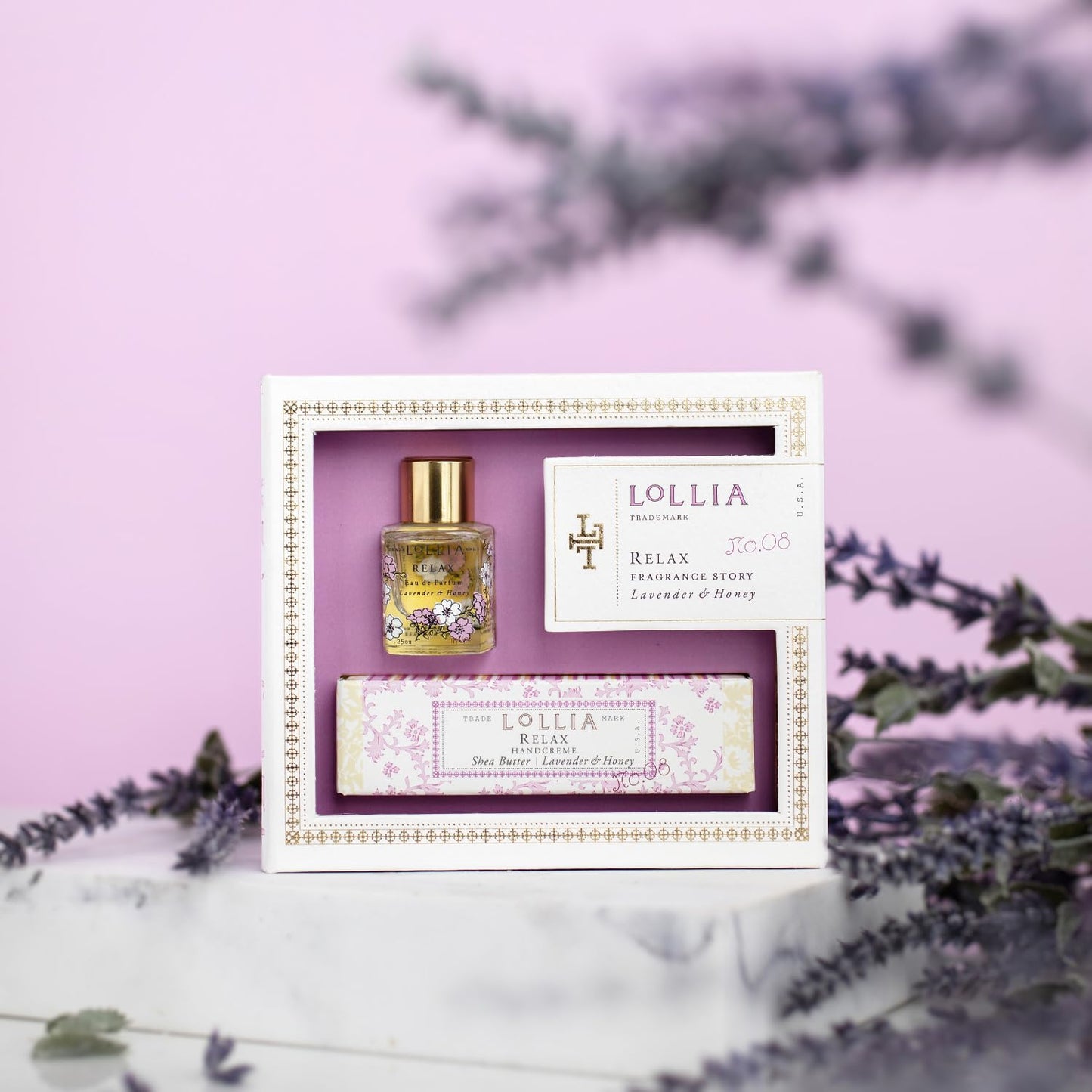 Lollia Relax Fragrance Story Gift Set - .16 fl. oz. Eau de Parfum & .33 oz. Petite Treat Handcreme - Lavender & Honey - Shea Butter Hand Cream