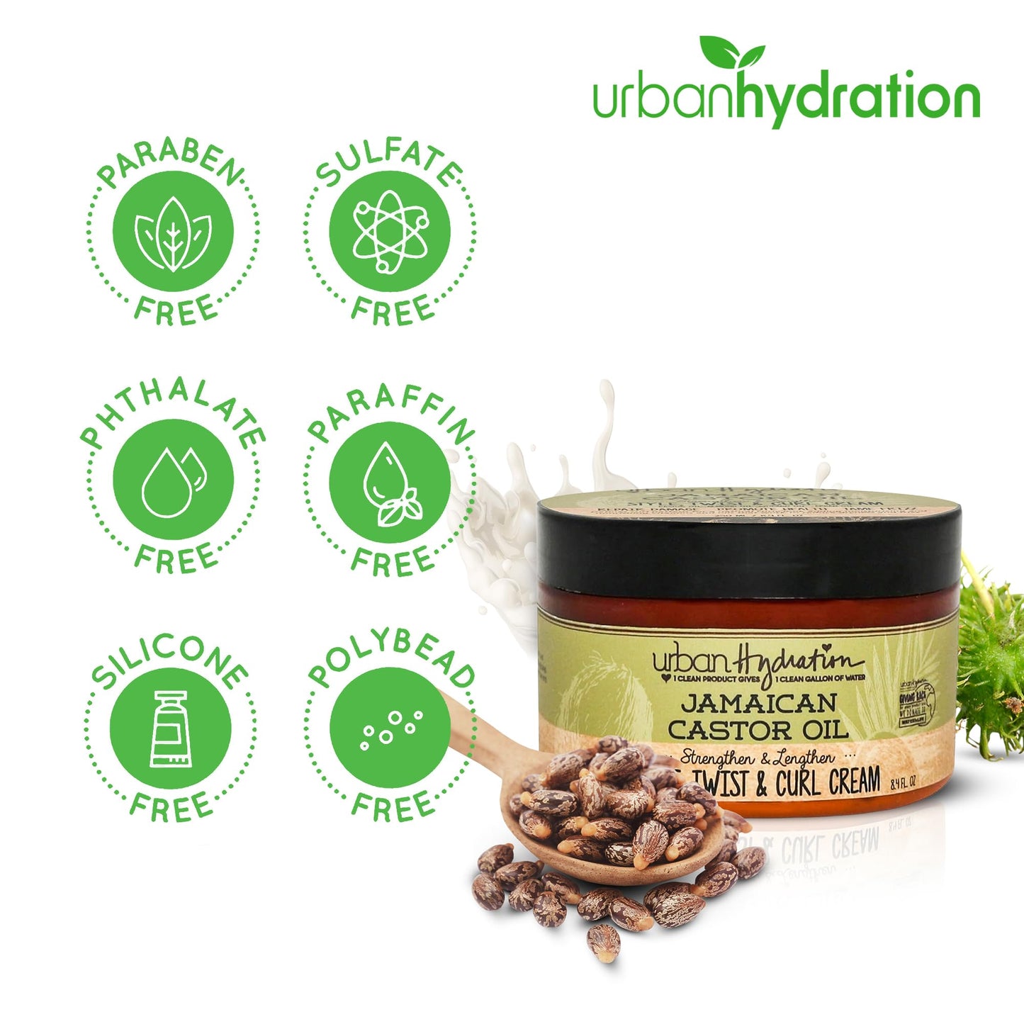 Urban Hydration Jamaican Castor Oil Curl Styling Cream | Sulfate, Paraben and Dye Free, Moisturizes, Thickens, Prevents Breakage and Lengthens