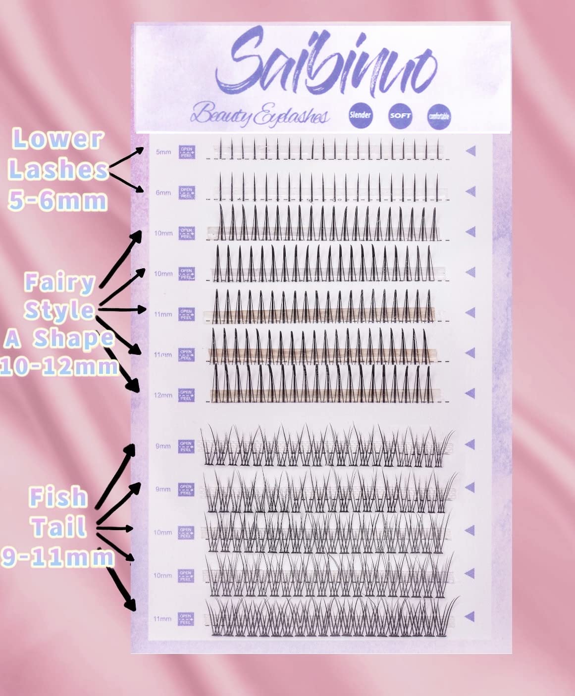 Saibinuo 240pcs Mixed Pack C Curl False Eyelash Extension Individual Lashes Lower Bottom Lash (5-6mm) Fairy Style A Shape (10-12mm) Fish Tail (9-11mm)