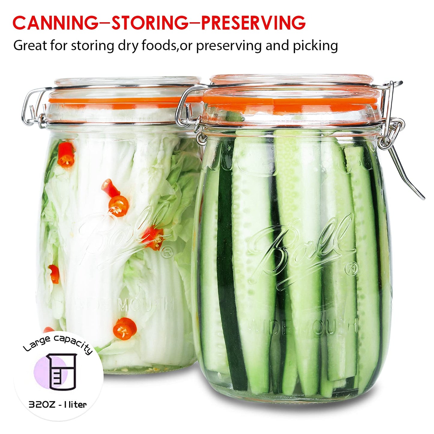 Anwoi Wide Mouth Glass Jars with Airtight Lid 32OZ 4 Pack, Kitchen Storage Large Clear Canister Jars with Hinged Lid with Measurement Marks…