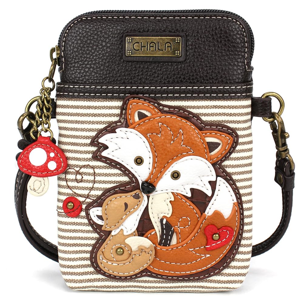 CHALA Woodland Animal Collection Cell Phone Crossbody Purse-Women PU Leather/Canvas Multicolor Handbag with Adjustable Strap - Fox Family - brown…