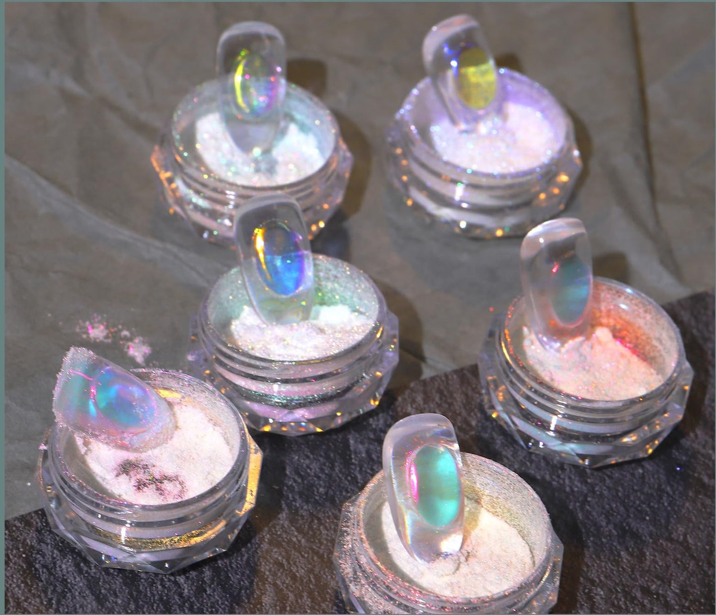 Ice Transparent Aurora Nail Powder Neon Rainbow Holographic Chameleon Powder Multi Chrome Iridescent Pigment Pearlescent Nail Art Glitters (6 Boxes