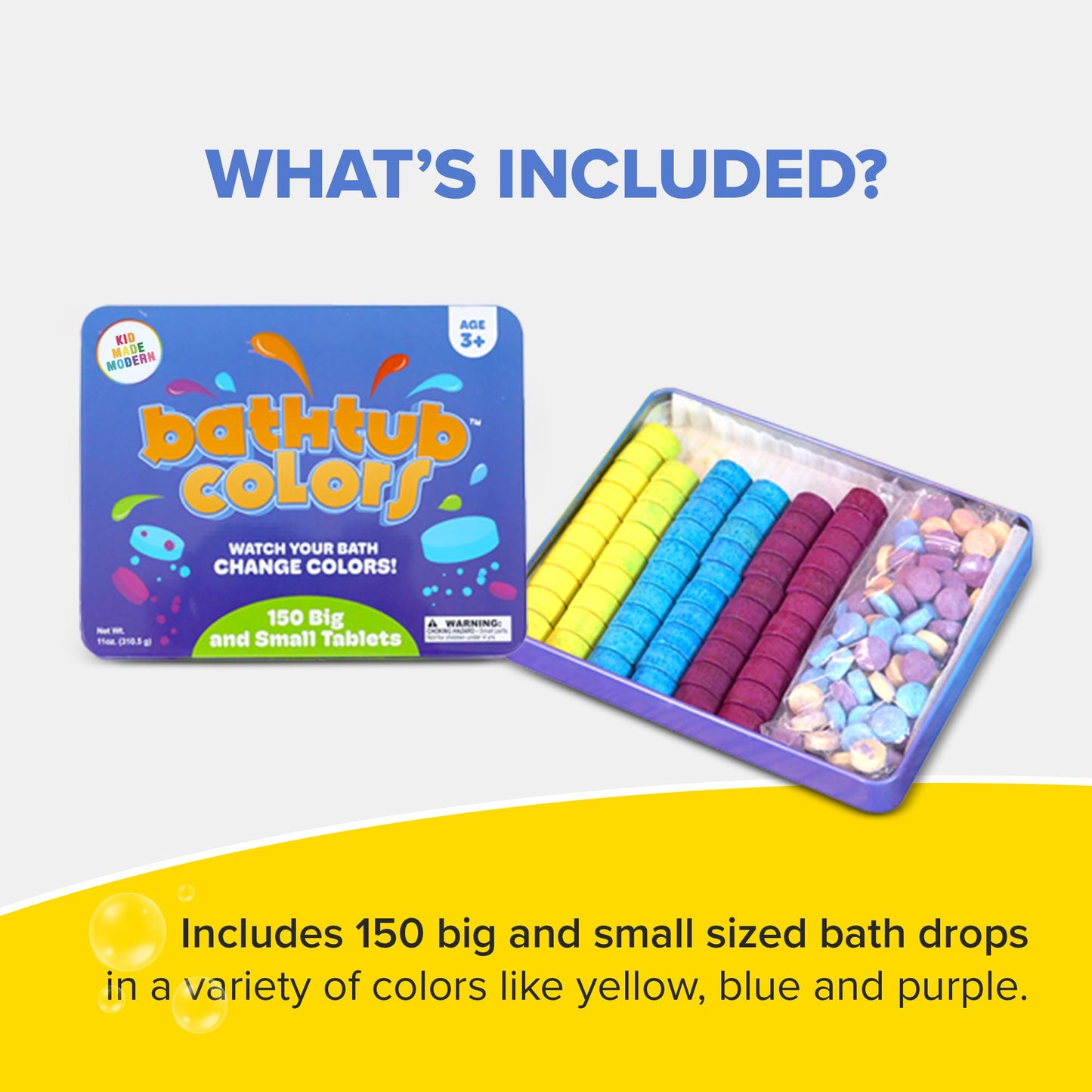Kid Made Modern Bath Color Tablets for Kids - 150 Counts Non Toxic Bath Drops for Toddlers - Blue, Yellow, Pink, and Purple Bathtub Color Fizzies…