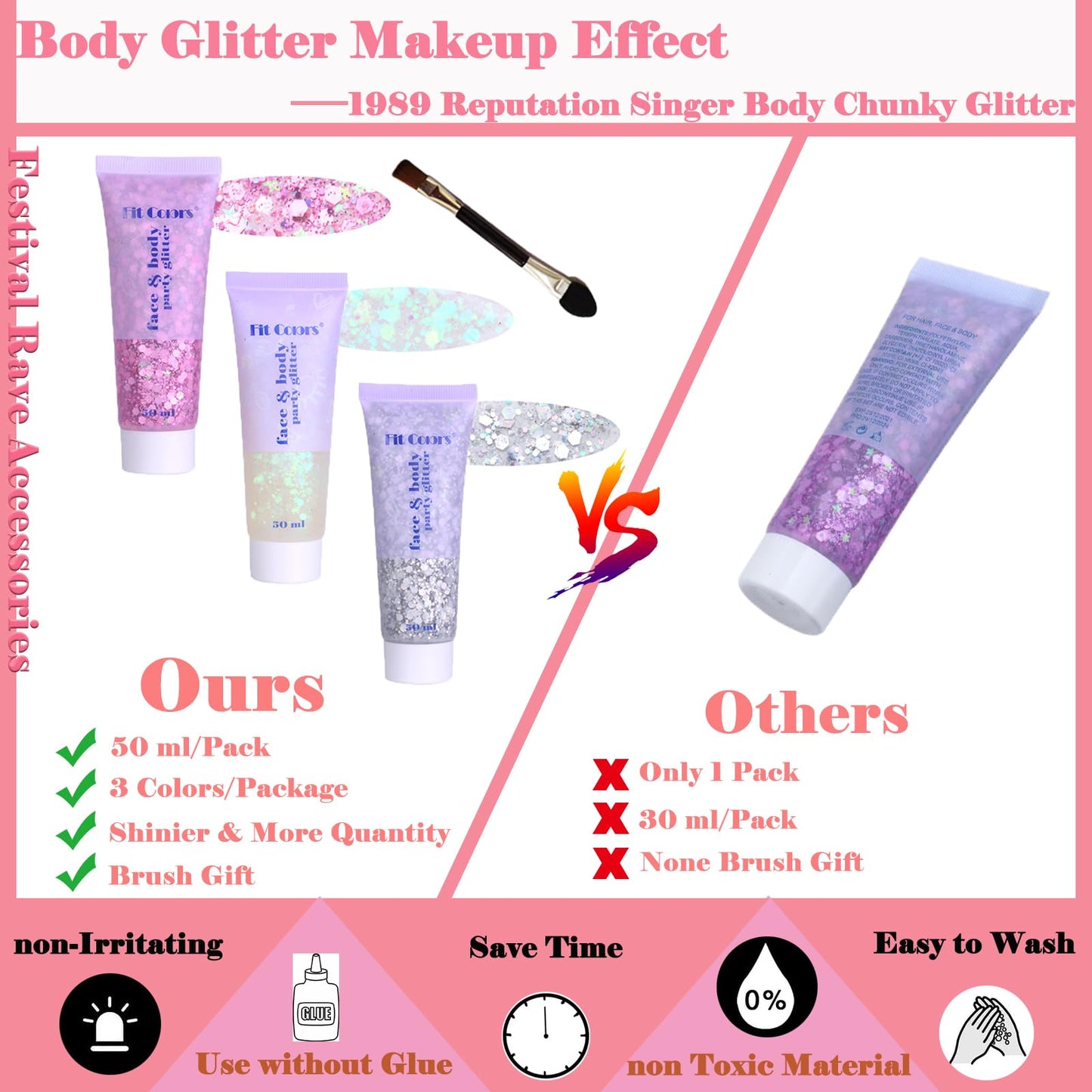 Body Glitter Face Glitter Gel: Singer Concerts Disco Festival Rave Accessories Face Glitter Makeup 150ml Chunky Sequins Mermaid Face Body Hair Glitter