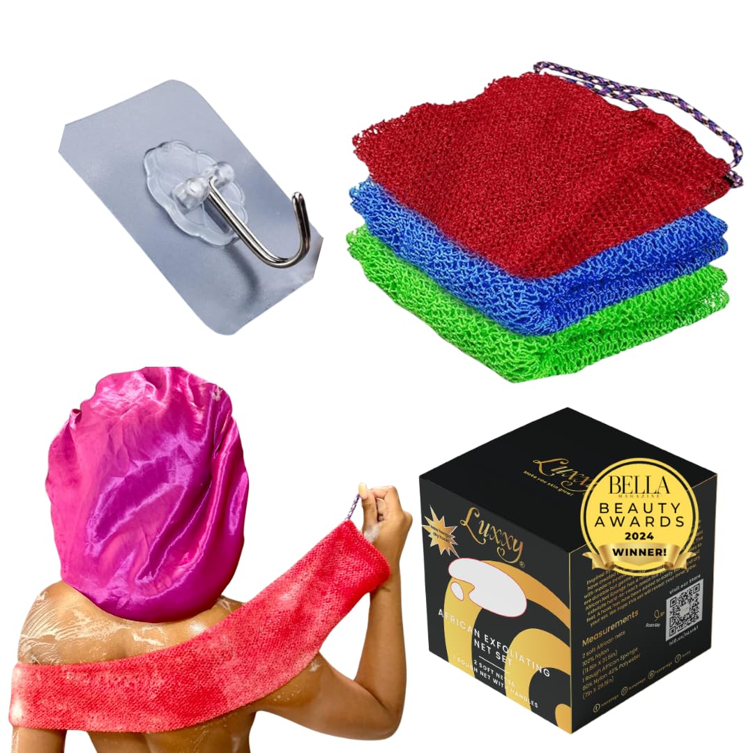 Luxxy® | 3 Pack Set 2 Soft African Exfoliating Nets & 1 Rough African Net Sponge with Handles For The Back, Neck or Feet, Black Women Owned, Achieve