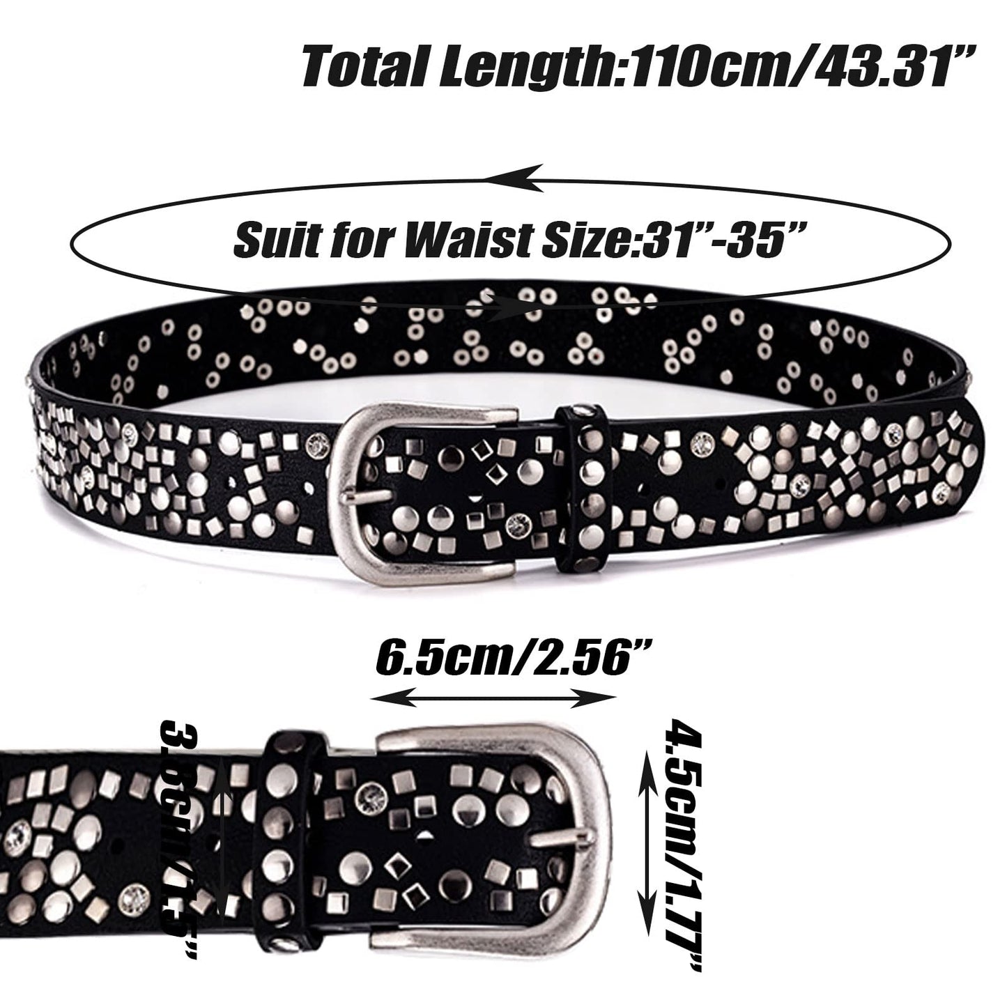 Karoukee Ladies Fashion Belt With Studded Rivets and Rhinestones,Women Shiny Fashion Leather Waist Belt for Jeans Pants Shorts Dresses (Solid Black)