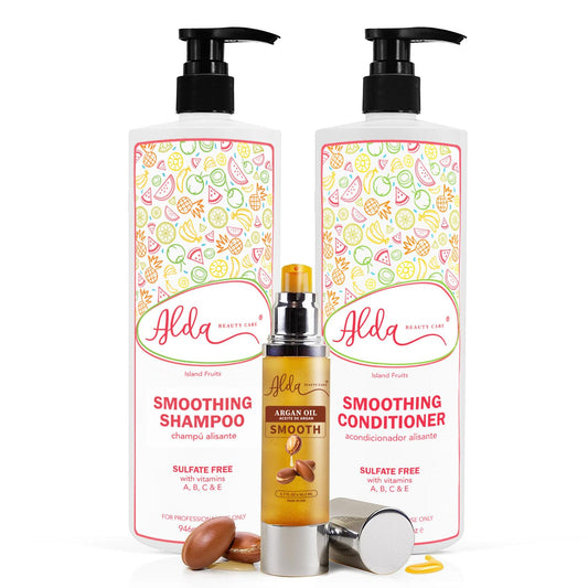Alda Beauty Care Smoothing Shampoo and Conditioner Set, 32 fl oz Each, with Argan Oil Serum, Island Fruits Scent, Sulfate-Free, Nourishing Formula