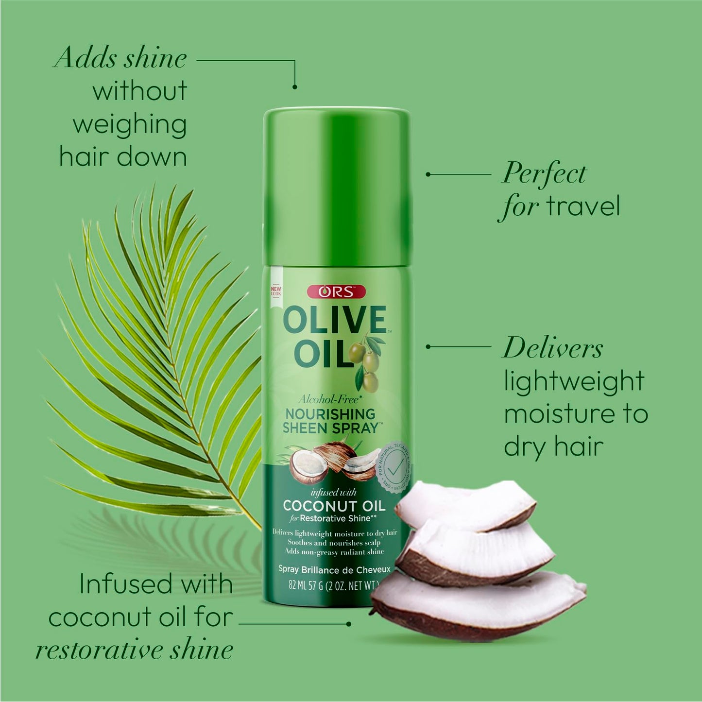 ORS Olive Oil Nourishing Sheen Spray with Coconut Oil for Restorative Shine 2 Ounces - Travel Size