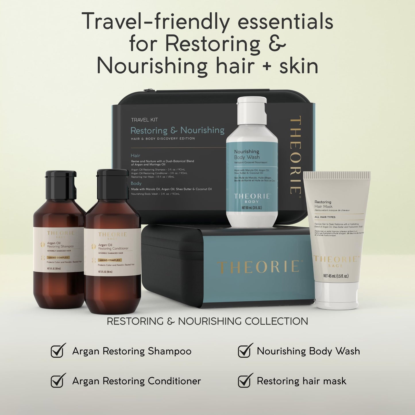 Theorie Restoring & Nourishing Travel Kit - Hydration & Repair for Hair & Skin