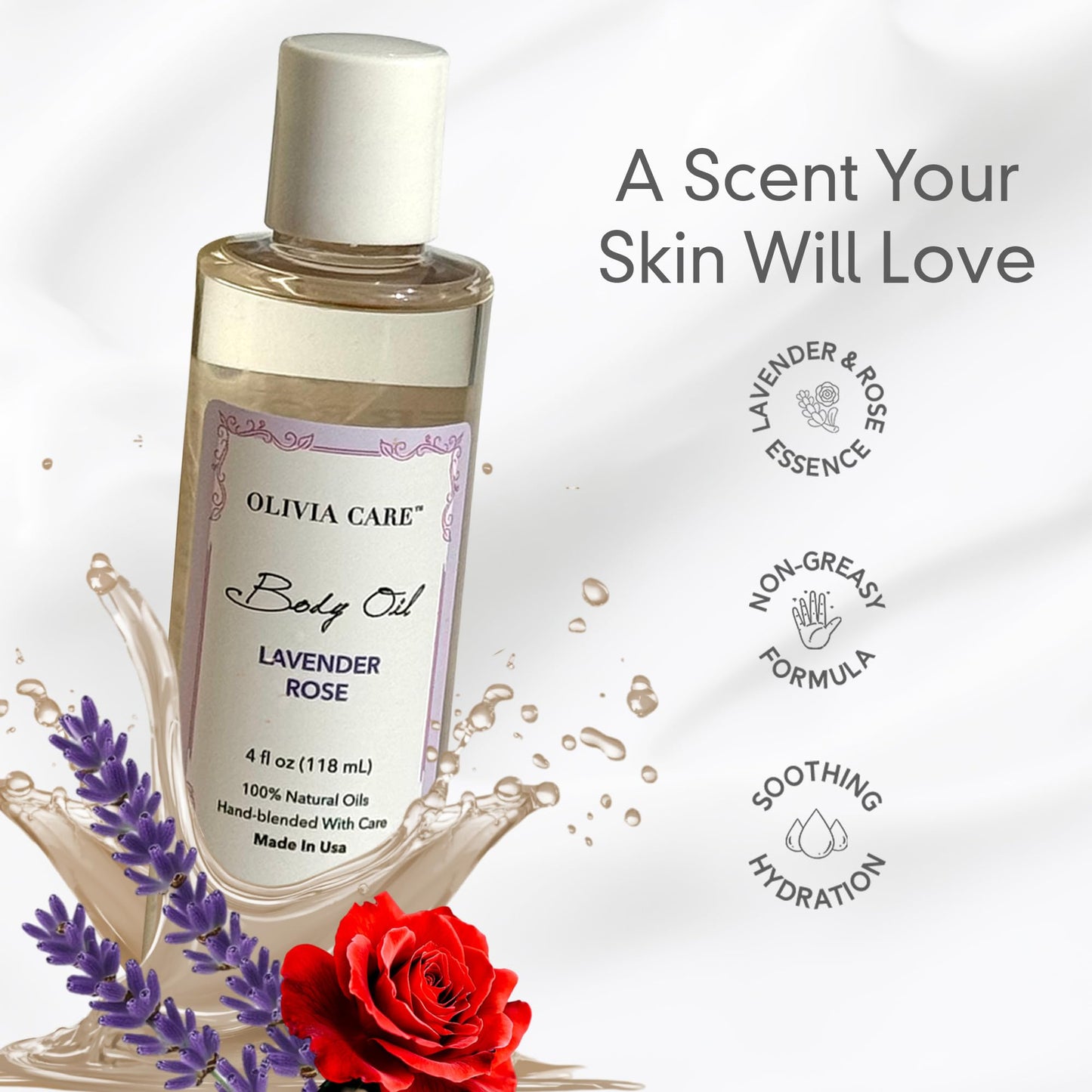 Olivia Care Body Oil Lavender Rose Vegan & Natural Perfume Oil For Women | Hydrating After Bath Oil- Infused with VITAMIN E, K & Omega Fatty Acids