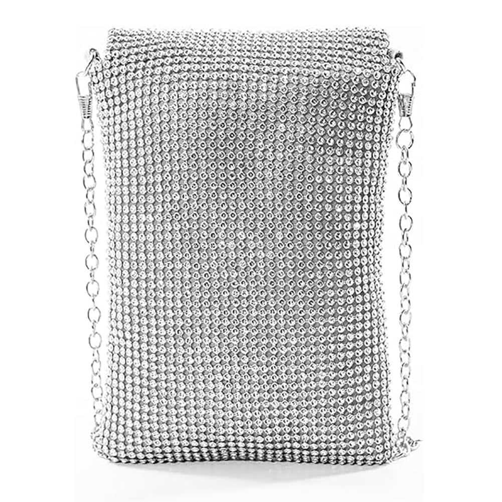 KDUPUP Rhinestone Crossbody Cell Phone Purse Wallet Clutch Glitter Crystal Evening Handbags Bling Shoulder Strap Smart Phone Bag (Silver)