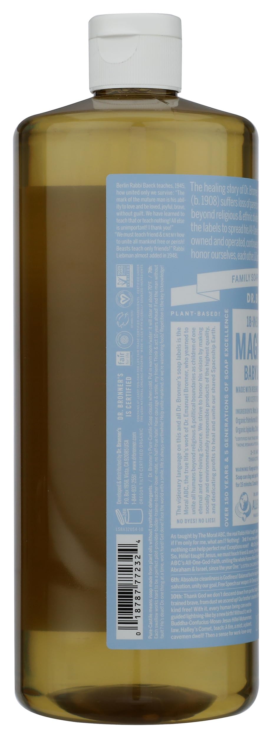 Dr. Bronners Baby Unscented Liquid Castile Soap, 32 FZ