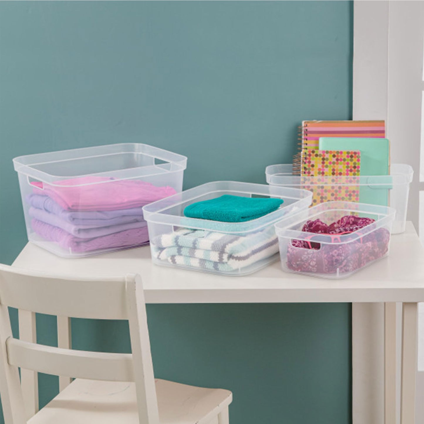 Sterilite 6.25x6.25x15 Inch Narrow Modern Storage Bin with Comfortable Carry Through Handles and Banded Rim for Household Organization, Clear (8 Pack)