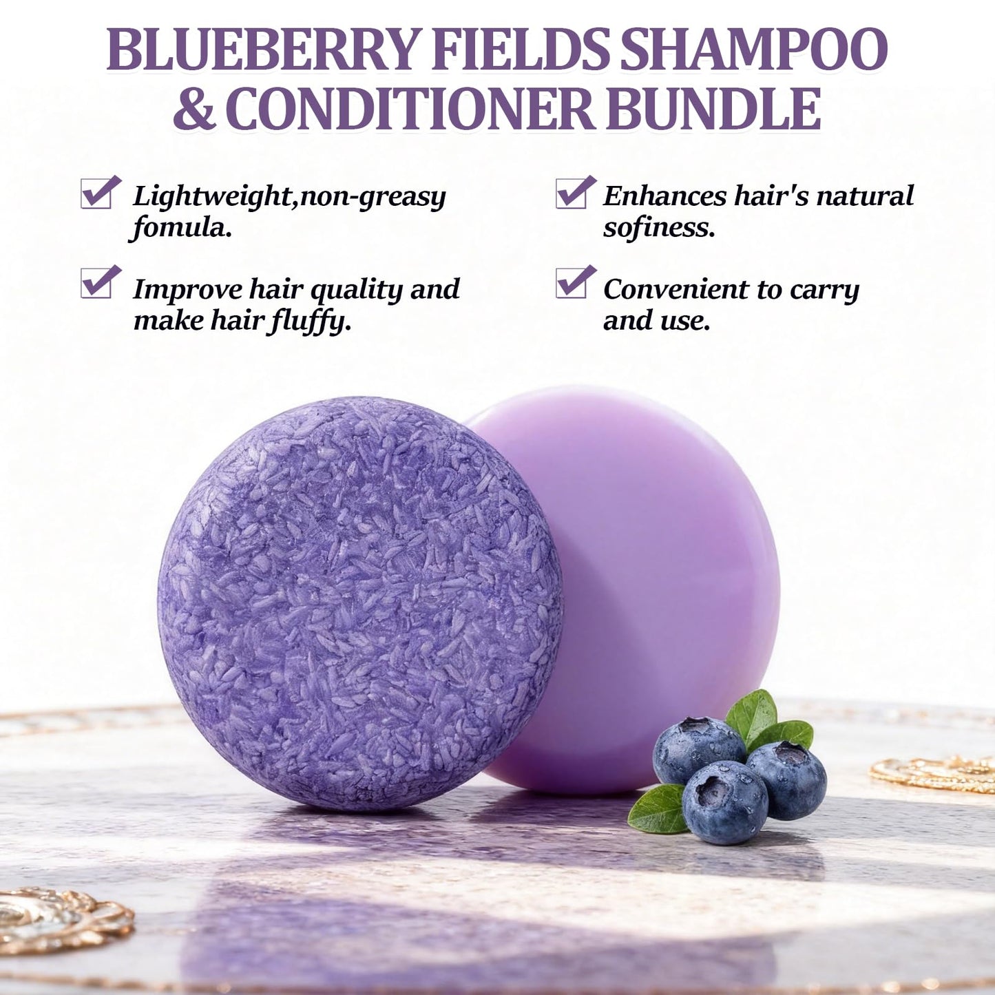Blueberry Solid Shampoo and Conditioner Bar Set with Pink Massage Comb, Natural Blueberry Shampoo & Conditioner Bundle Bars, Nourishing and Repairing