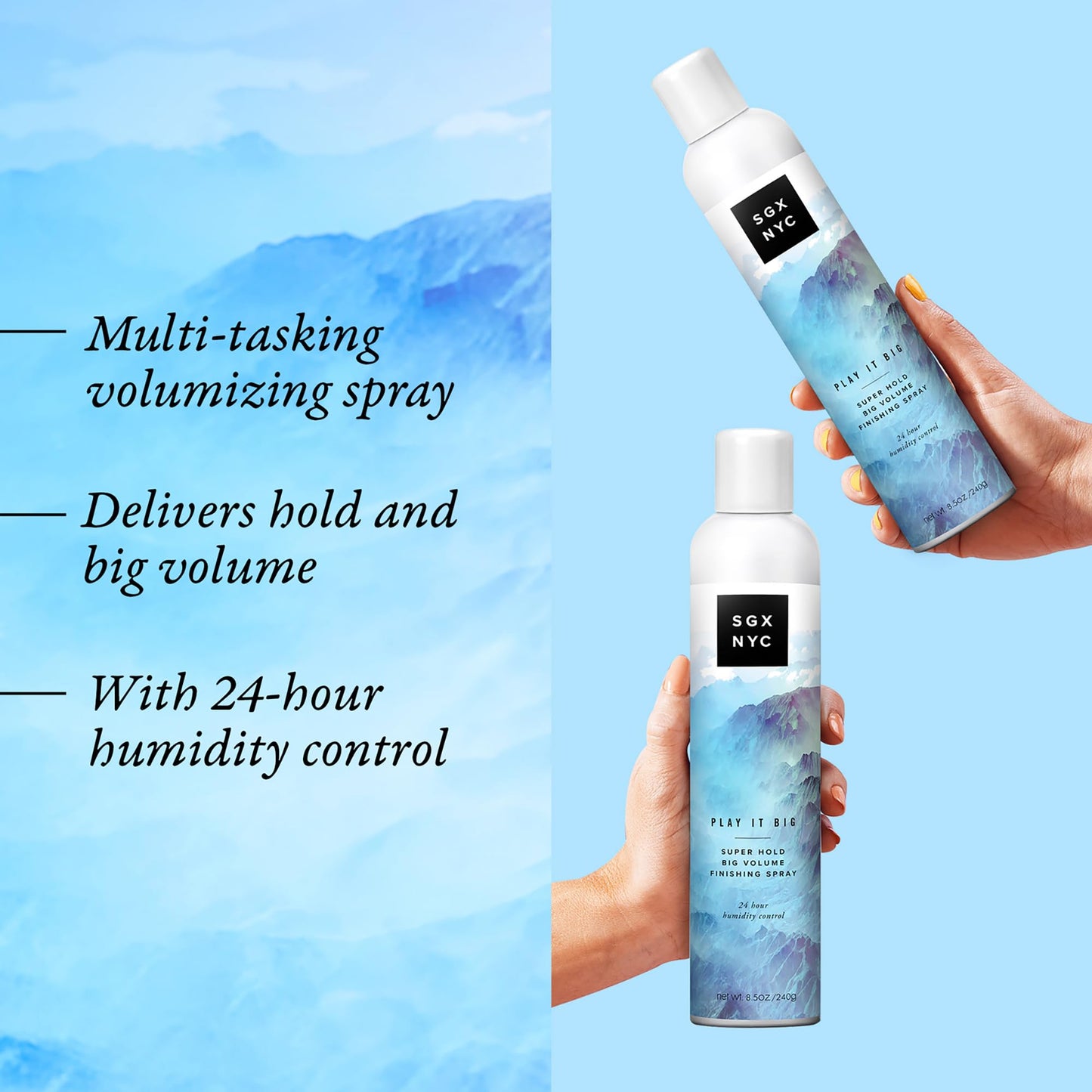 SGX NYC Play it Big Super Hold Volume Finishing Spray - Long Lasting Hair Spray with Anti Frizz Finish - Paraben Free with Coconut Oil - 2 pc