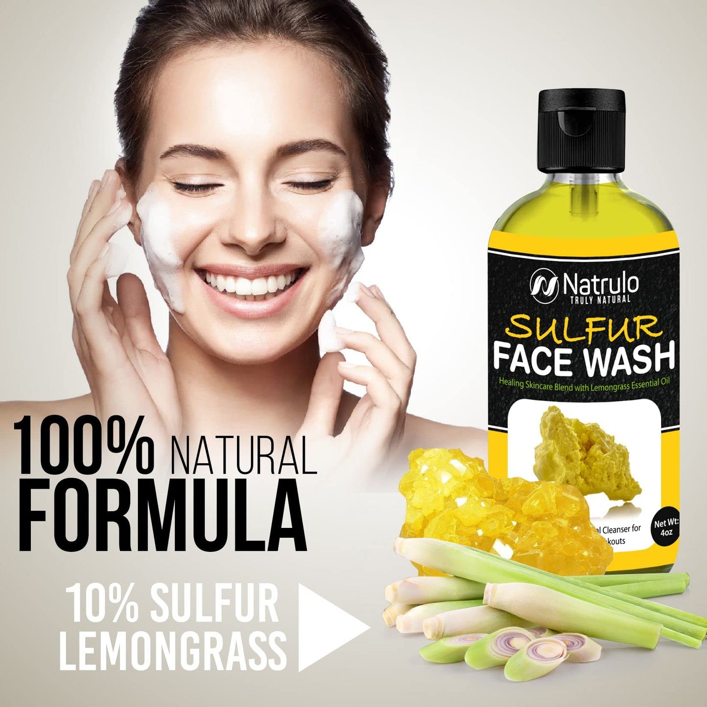 Sulfur Face Wash for Acne - All Natural Sulfur Facial Cleanser for Oily Skin, Breakouts - Healing Skincare Blend with Lemongrass Essential Oil - 4oz