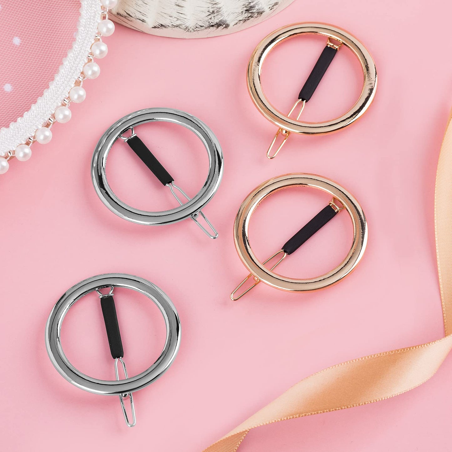 PAGOW 4 Pcs Minimalist Hair Clip for Women, Gold & Sliver Hollow Hoops Round Circle Geometric Metal Hair Clip, Dainty Circle Bobby Pin Ponytail Holder