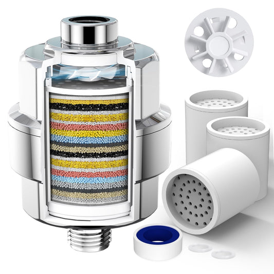 20-Stage Shower Head Filter – High Output Water Filter for Hard Water, Removes Chlorine & Fluoride, 3 Cartridges – Polished Chrome