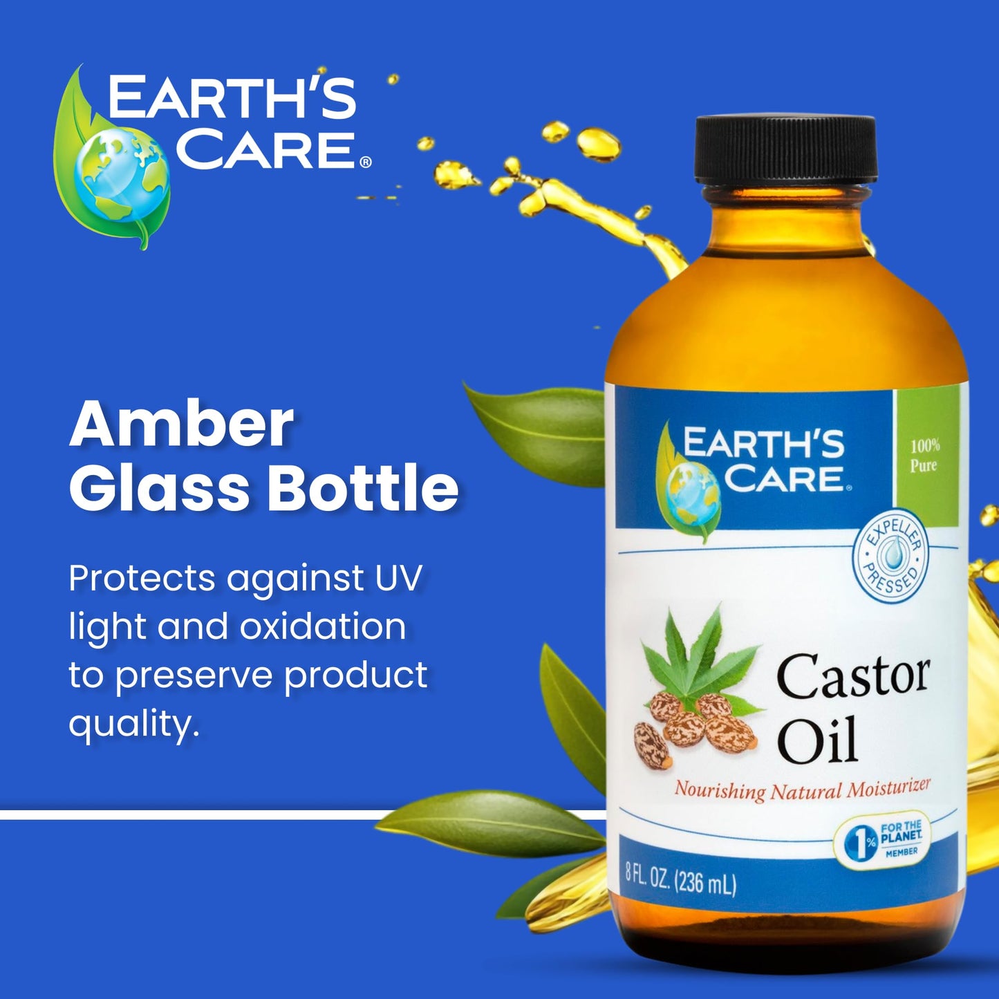 Earth’s Care Castor Oil - 100% Pure Castor Oil Expeller Pressed - All Natural Nourishing Moisturizer - 8 FL OZ