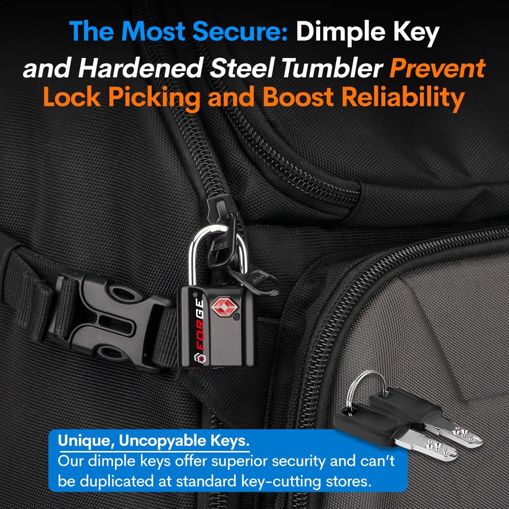 Forge TSA Approved Luggage Locks – 2 Pack Ultra Secure Dimple Key Locks, 1" Wide x 1.8" Tall Alloy Body Travel Padlocks (Black)