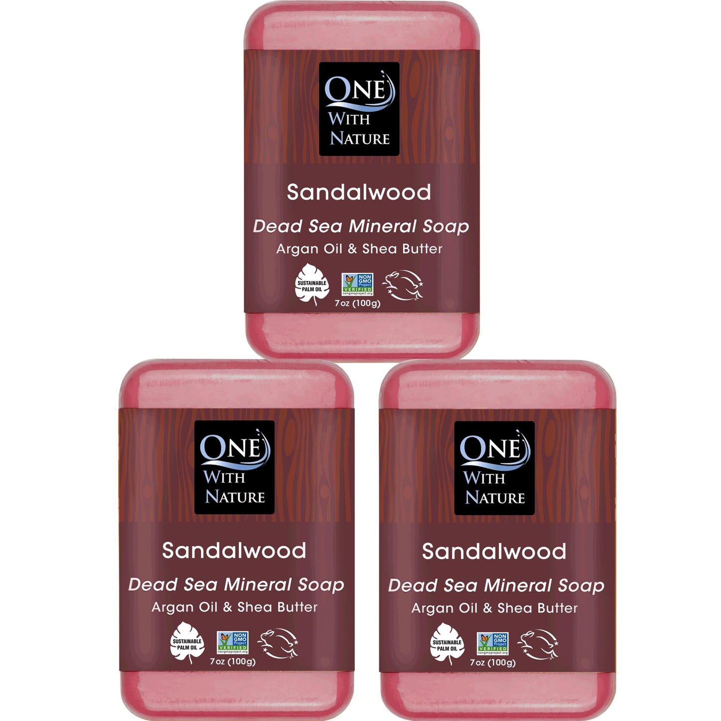 One With Nature Dead Sea Salt Sandalwood Soap 7oz 3-Pack - Purifying and Exfoliating Soap Bar with Dead Sea Minerals and Sandalwood for Face & Body