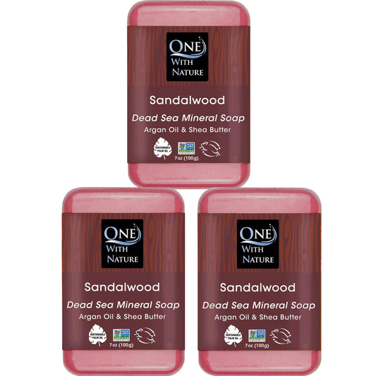 One With Nature Dead Sea Salt Sandalwood Soap 7oz 3-Pack - Purifying and Exfoliating Soap Bar with Dead Sea Minerals and Sandalwood for Face & Body