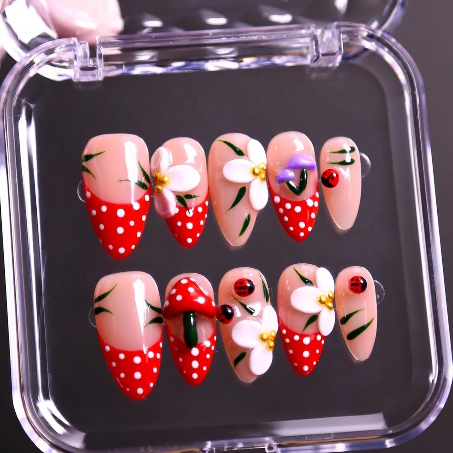 MAGLFELL Spring Press on Nails Handmade Medium Length Almond Fake Nails, 3D French Salon Painting Design False Nails, 10 Pcs Reusable ABS Material Beauty and Personal Care MAGLFELL Default Title