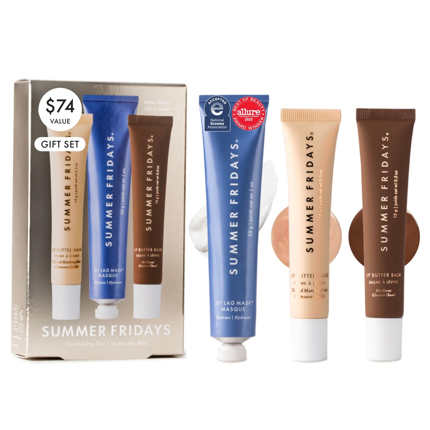 Summer Fridays Hydration Trio - Travel Size Jet Lag Mask + Full Size Lip Butter Balm Duo in Hot Chocolate + Toasted Marshmallow - Skin Care Set