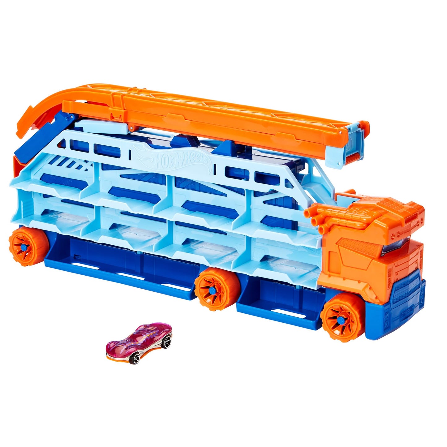 HOT WHEELS City Transporter - with extendable Downhill ramp, Loading Area for 20 Vehicles and Special Wheels - Gift for Children from 4 Years, HDY92