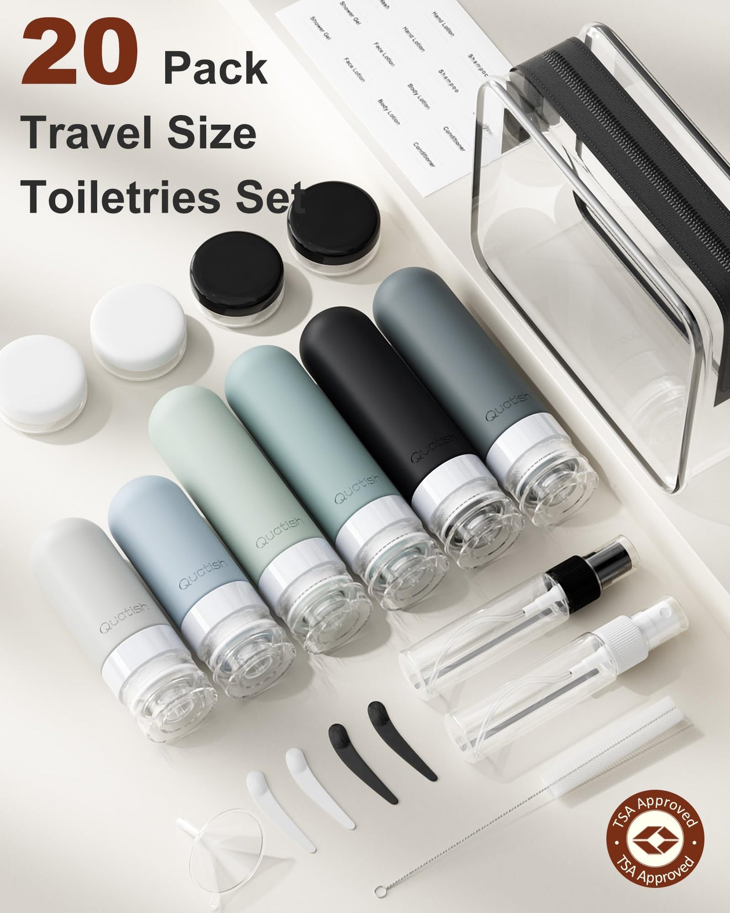 20 Pack Travel Bottles for Toiletries, Original Patented, TSA Approved Travel Size Containers, Leak Proof Silicone Shampoo and Conditioner Bottles Beauty and Personal Care Quatish