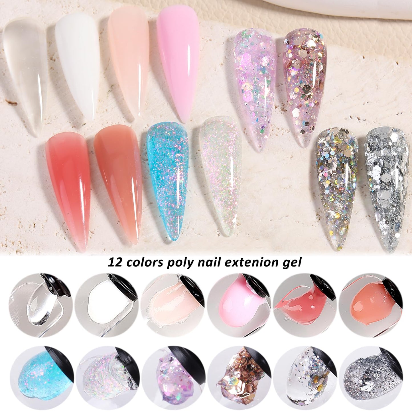 Fcozpjk Poly Nail Gel Kit with UV Light, 12 Colors Clear Nude Pink Iridescent Glitter Extension Gel Builder Gel Starter Kit Base Top Coat Set Slip Beauty and Personal Care Fcozpjk