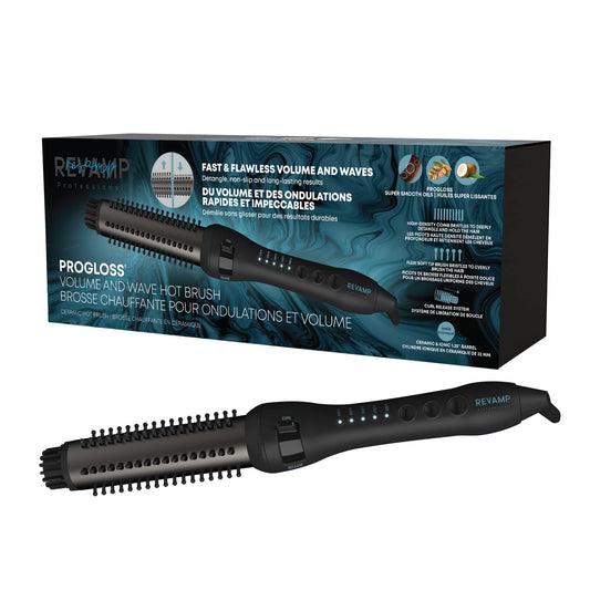 Revamp Progloss Volume & Wave Ceramic Heated Brush - Curling Iron Brush with Retractable 1.25” Bristles, Ceramic Barrel Infused with Progloss Oils