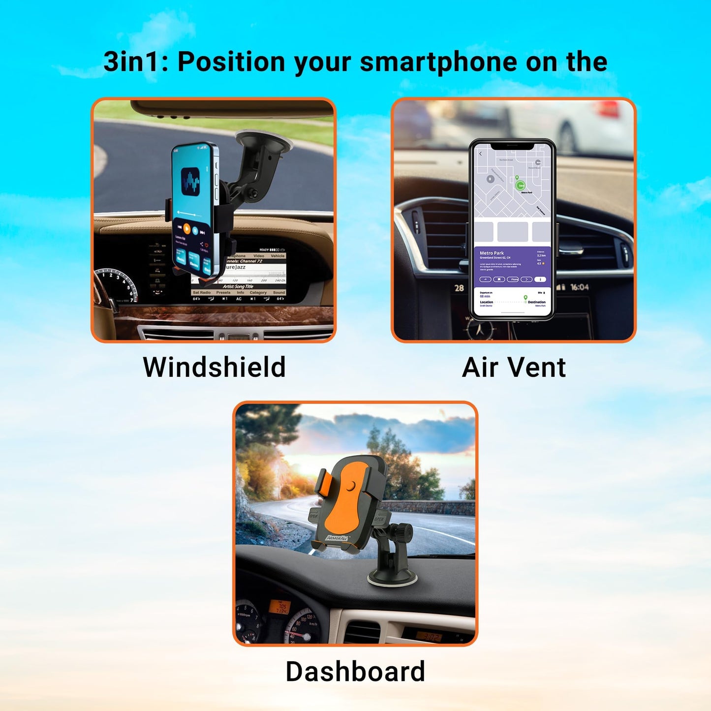 Armor All Phone Mount for Cars, 3-in-1 Phone Holder, Suction Dashboard, Windshield, & Vent Mount, 360° Rotation, Fits iPhone Max, Android, and All…