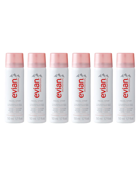Evian Facial Spray 1.7 oz Travel 6-Pack - Hydrating Mineral Water Mist for Face & Skin - Refreshes Makeup and Tones Skin - TSA-Approved Mini Facial Beauty & Personal Care BRUMISATEUR