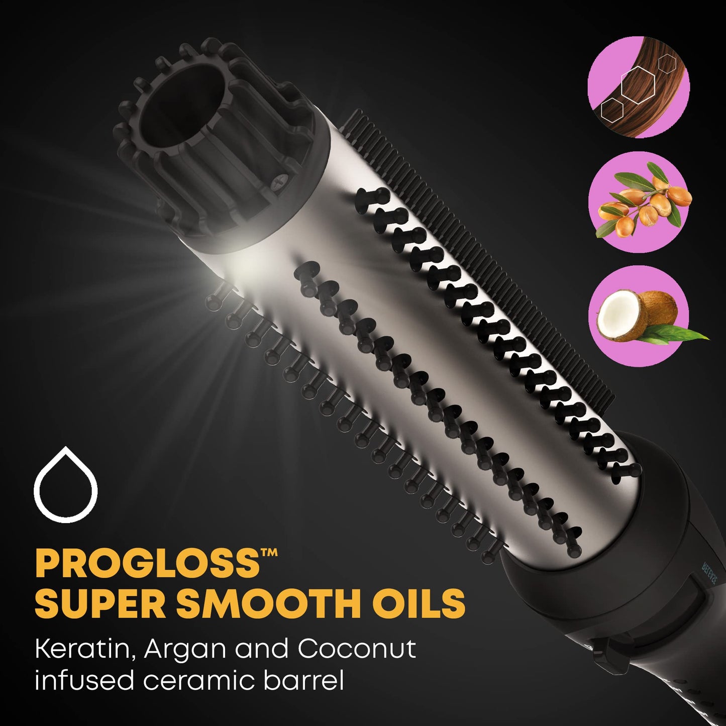 Revamp Progloss Volume & Wave Ceramic Heated Brush - Curling Iron Brush with Retractable 1.25” Bristles, Ceramic Barrel Infused with Progloss Oils